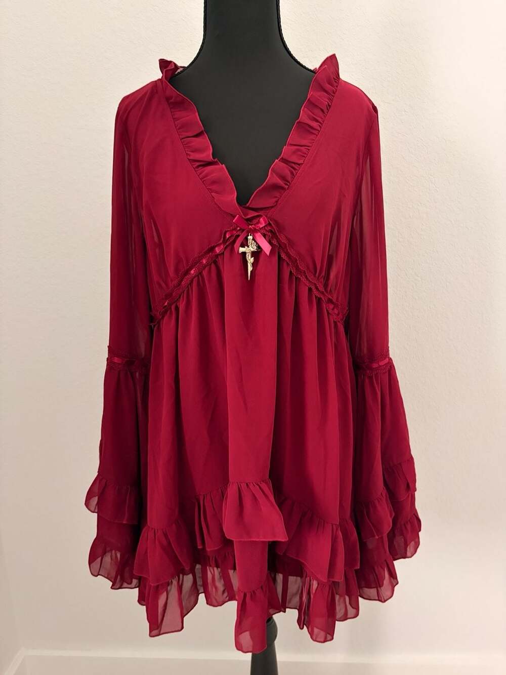 Widow Chiffon Mini Dress With Bell Sleeves And Cross Charm - Dark Red